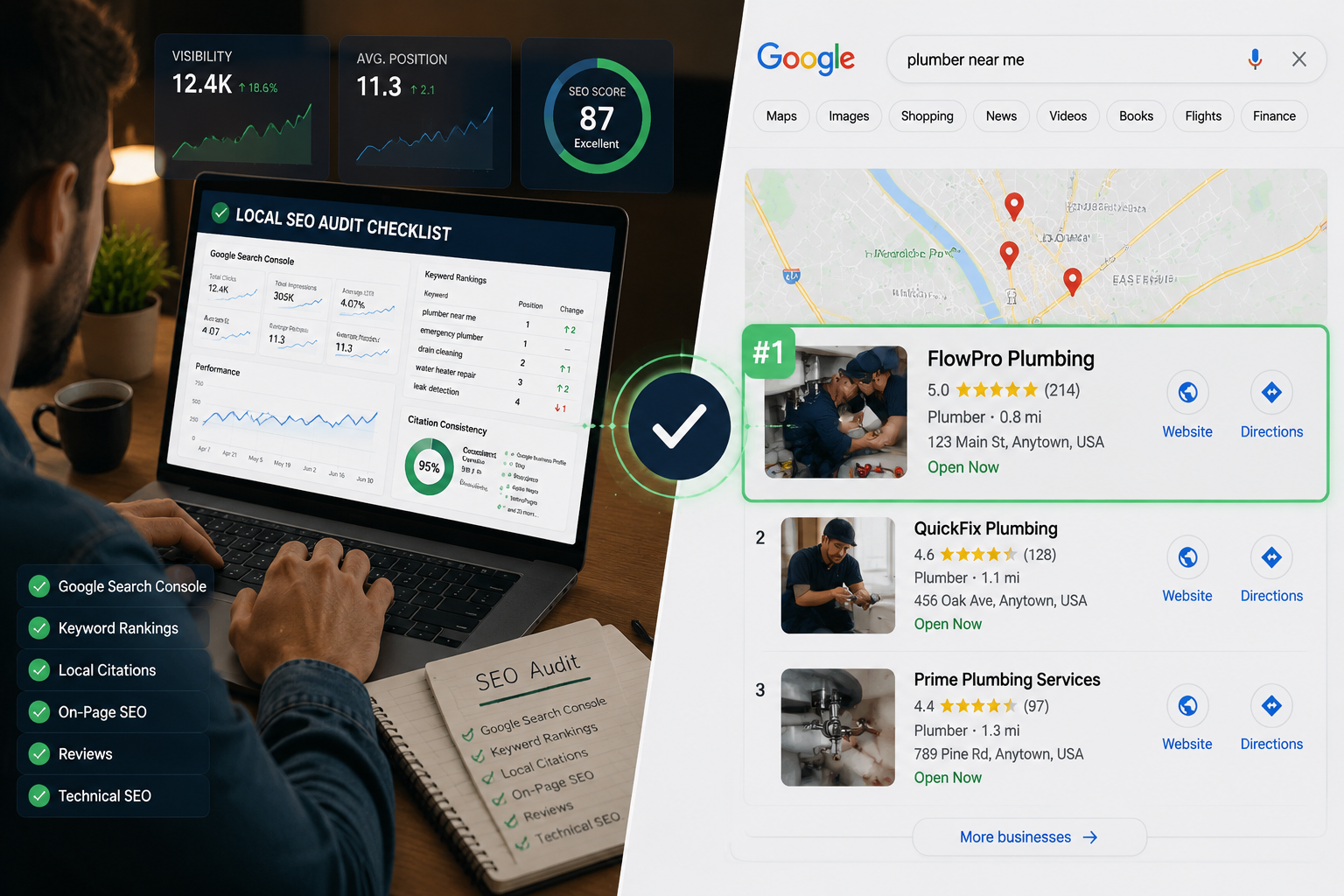 () split-screen comparison image showing a small business owner at a desk on the left reviewing a local SEO audit checklist
