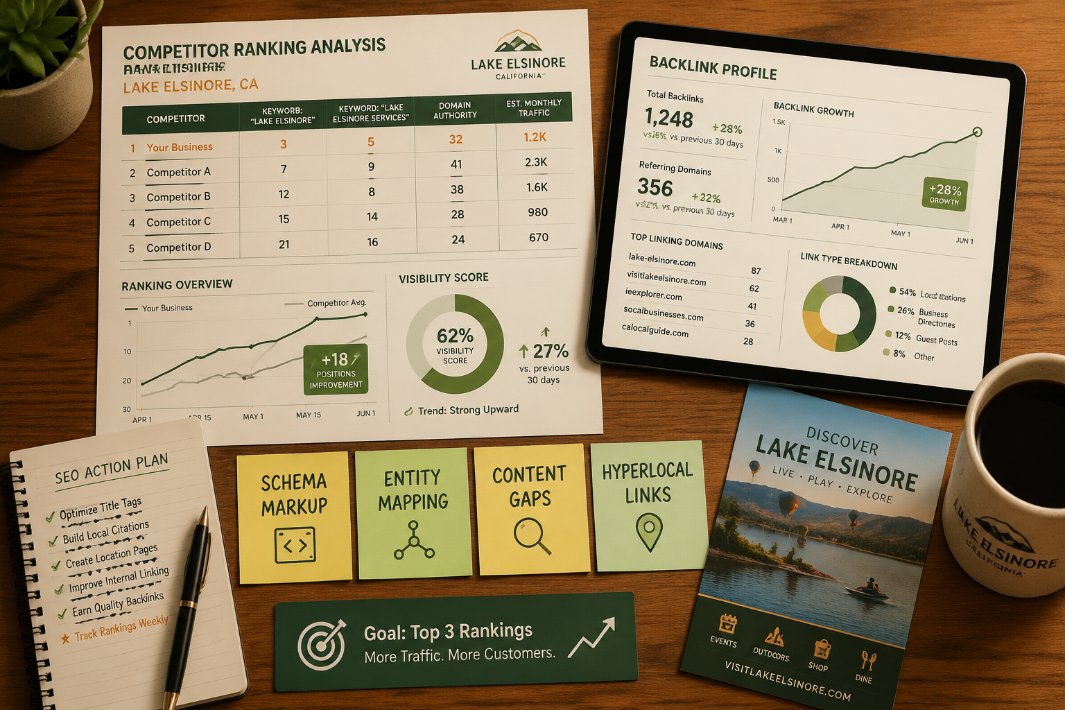() top-down flat-lay style infographic illustration showing a competitive SEO analysis workspace for a Lake Elsinore
