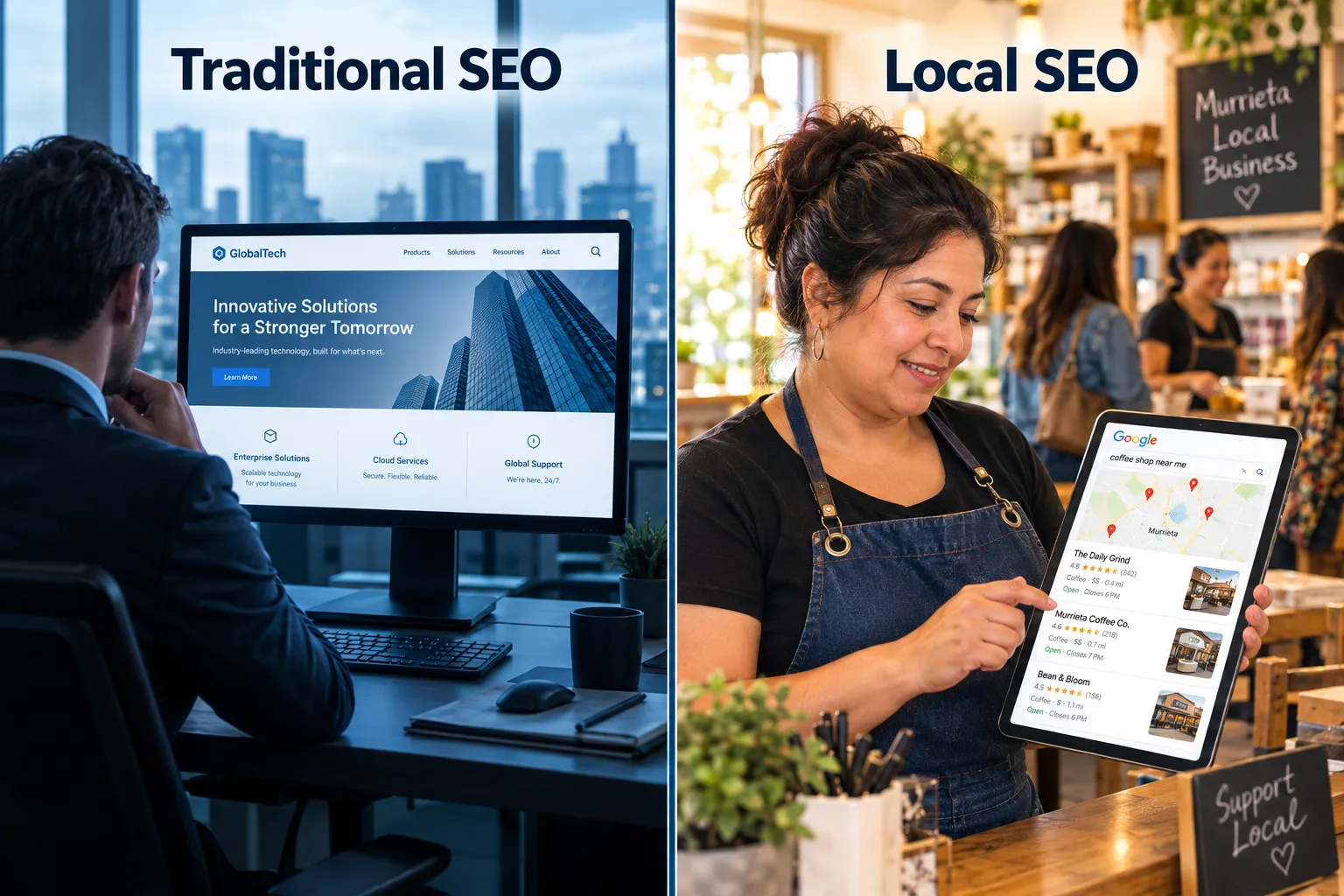 Split image: left shows a man viewing a corporate website on a desktop, labeled “Traditional SEO”; right shows a woman in a café holding a tablet with local search results, labeled “Local SEO.”.